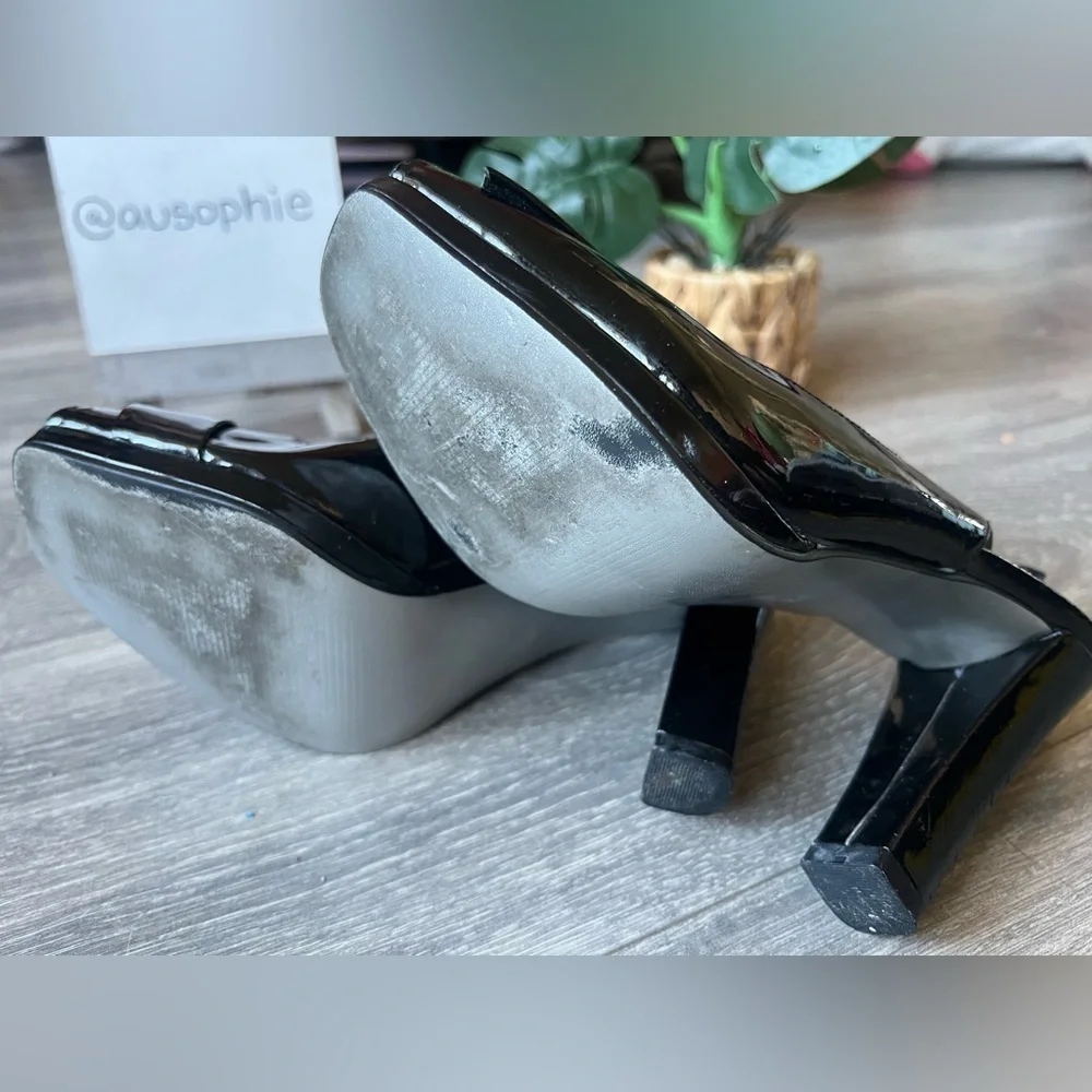 Marc fisher pilgrim buckle peep toe black patent slingback heel Size 7